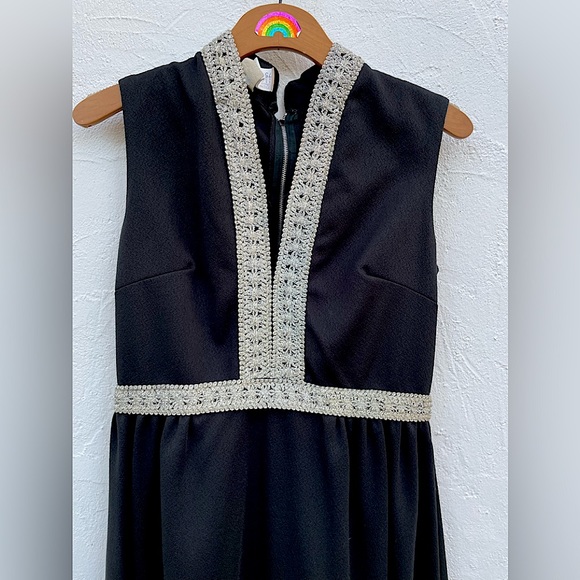 Vintage 60’s Black & Silver Cocktail Hostess Dress / Maxi Dress Empire Waist - Picture 1 of 10